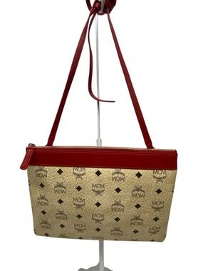 MCM Beige Visetos Canvas Crossbody with Red Leather Trim